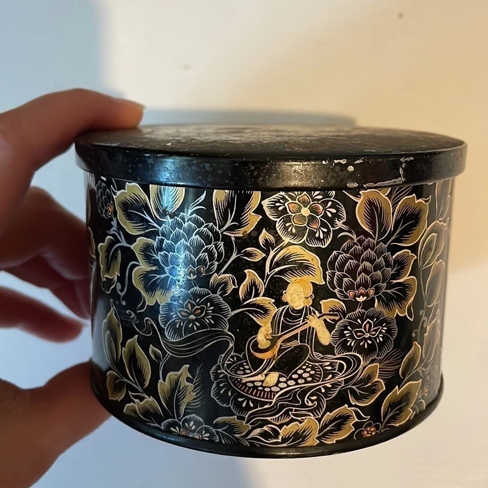 Powder Box Metal Container Made in England 1950s Vintage Tin Asian